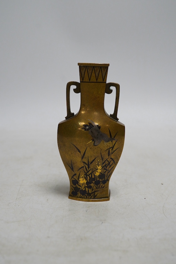 A Japanese inlaid twin handled miniature vase, Nogawa workshop, Meiji period, 10.5cm. Condition - fair to good, some light scratches